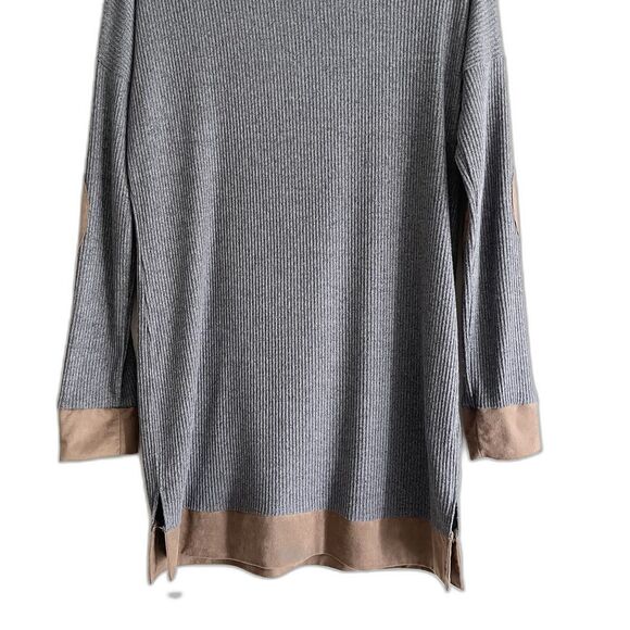 Peach Love Gray Waffle Knit Long Line Shirt S Brown Elbow Patch Soft California - Picture 3 of 10